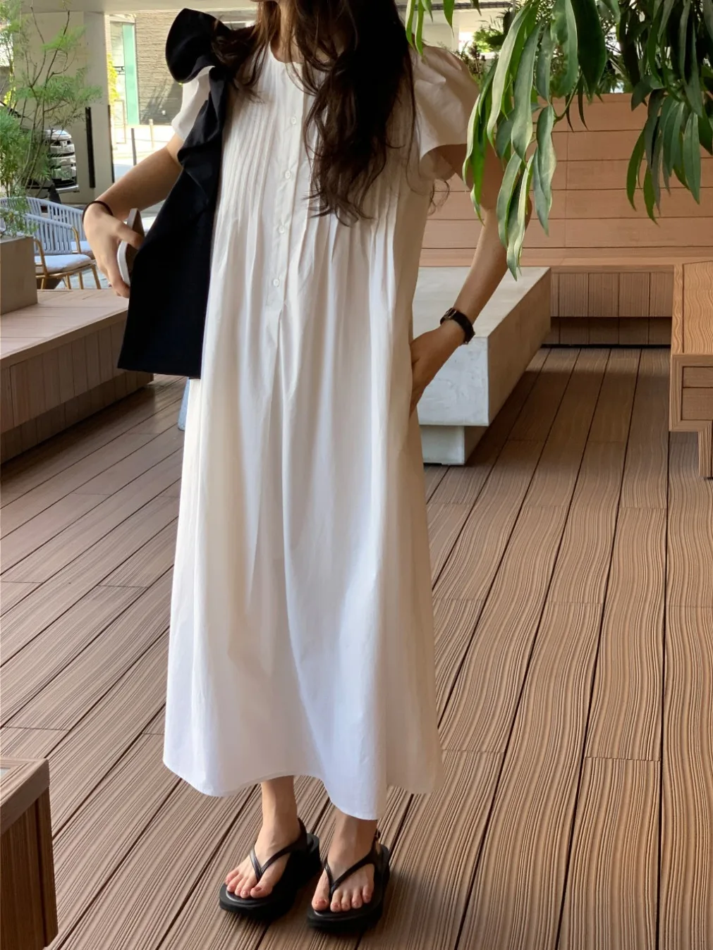 

Chic Summer New Lazy Sle round Ne Pleated Design Loose Bubble Sve Long Dr Women's Faionable Simple Color Pure Cotton