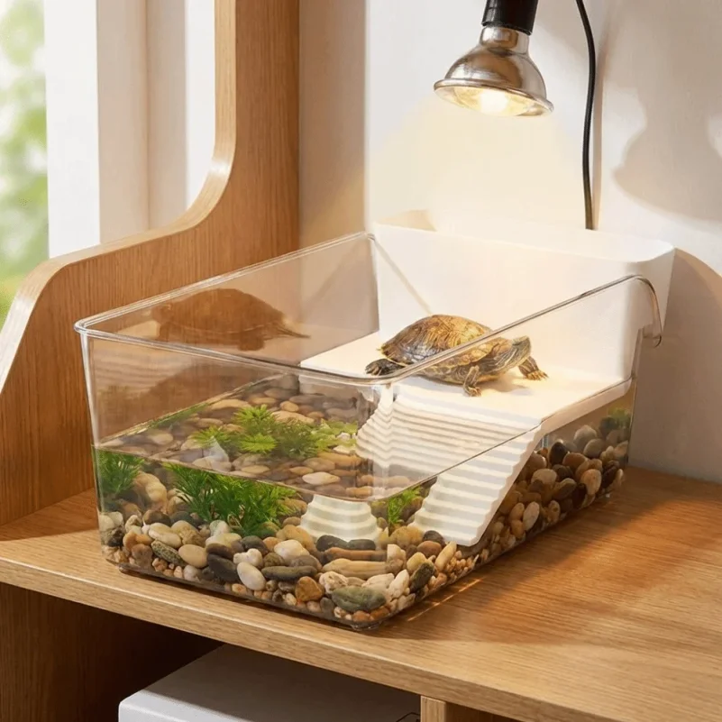 Transparent Turtle Tank Dry Wet Separation Basking Area Turtle Basking Platform with Climbing Spot Plastic Reptile Terrarium