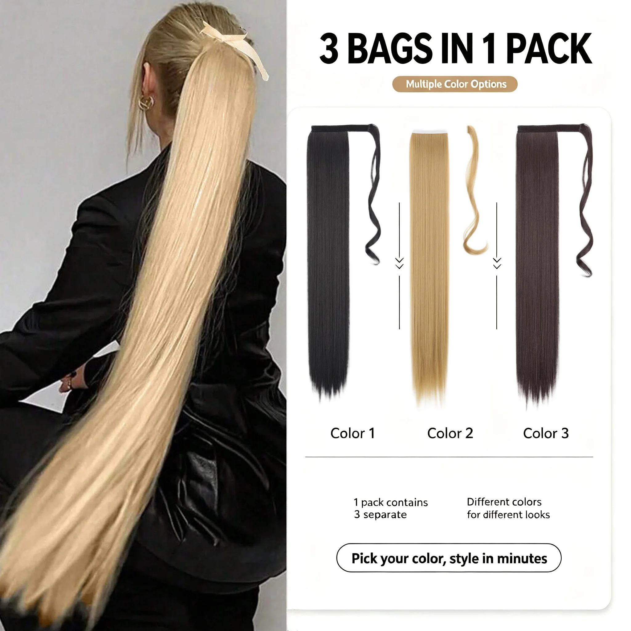 Bio Straight Wrap Around Clip‑in Ponytail Extensions, 34 Inch Synthetic Hair Hairpiece Heat Resistant Soft Easy To Wear For Cos