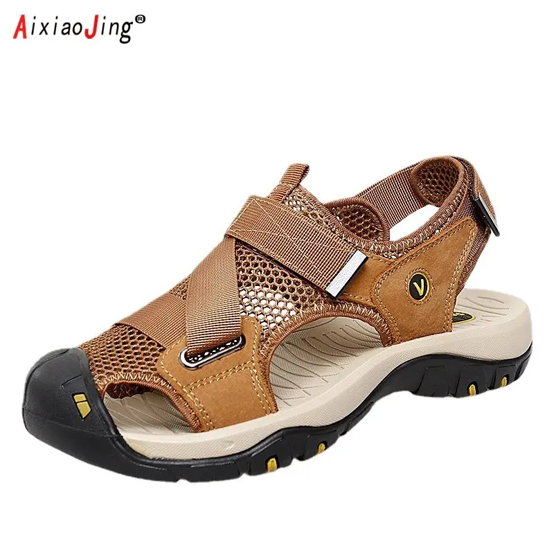 

AIXIAOJING Men Sandals Genuine Leather Closed Toe Beach Shoes Outdoor Hiking Non-slip New Summer Sport Platform Water Sandals