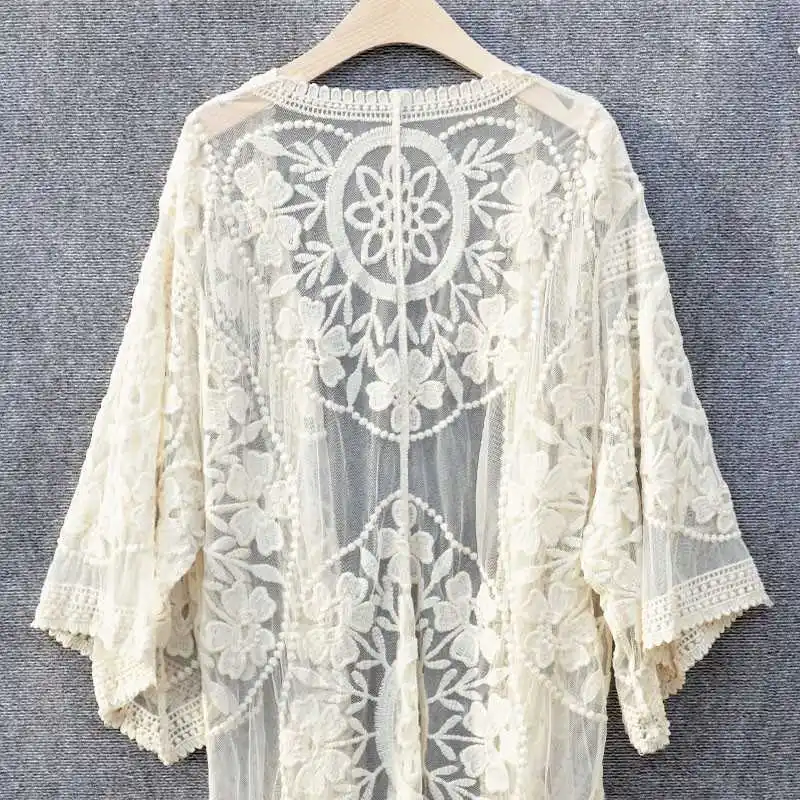 Copricostume da spiaggia in pizzo Cardigan Capispalla Bikini Scava fuori Protezione solare awl Jaet Capispalla per costume da bagno di media lunghezza allentato