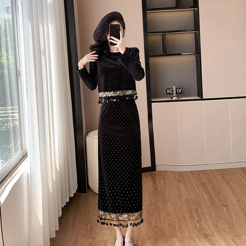 Autumn New Fashion Velvet Tassel Two Piece Set Women Long Sleeve Elegant Crop Top + Hight Waist Bodycon Split Skirt Suits Female