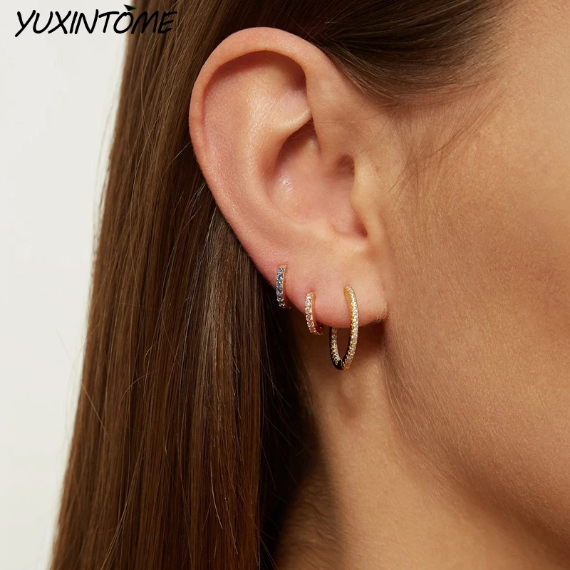 925 Sterling Silver Needle Minimalist Small Hoop Earrings for Women 15mm Full Zircon Round 24K Gold Earrings Fashion Jewelry