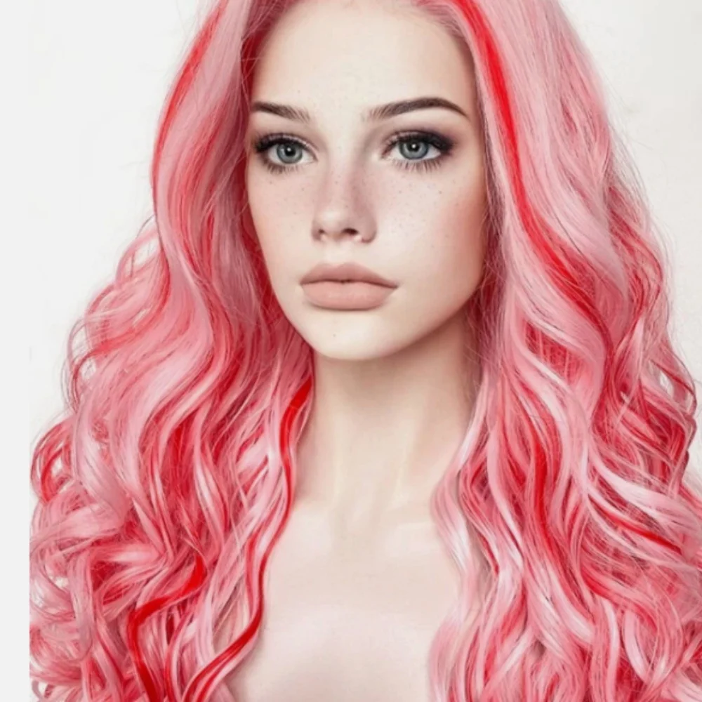 خلط الشعر المجعد الوردي مع شعر طويل مموج ودانتيل صناعي لسلامة التسخين الصناعي-