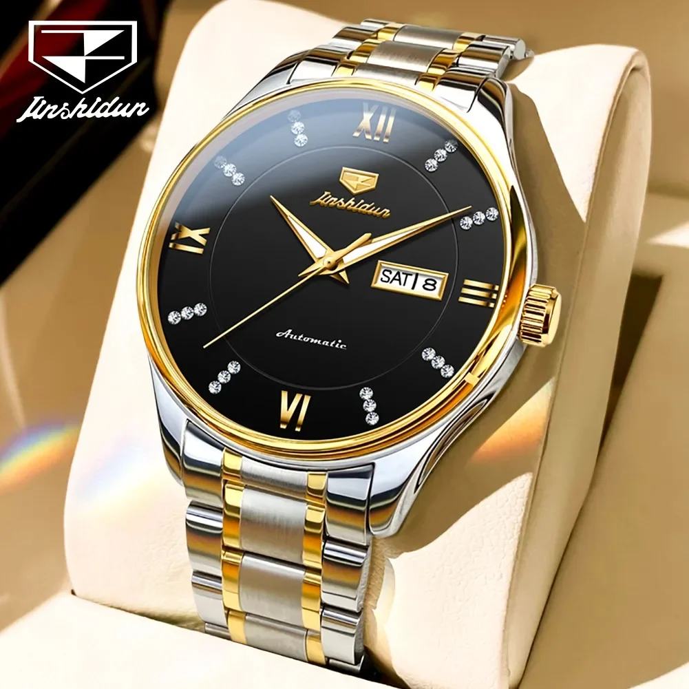JSDUN 8933 Stainless Steel Strap Waterproof Men Wristwatches Fashion Automatic Mechanical Watch For Men Calendar Week Display