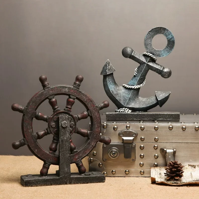 Handmade Mediterranean Helmsman Ornaments Ship Anchor Models Retro Display Props Decoration Crafts Home Study Room Miniatures