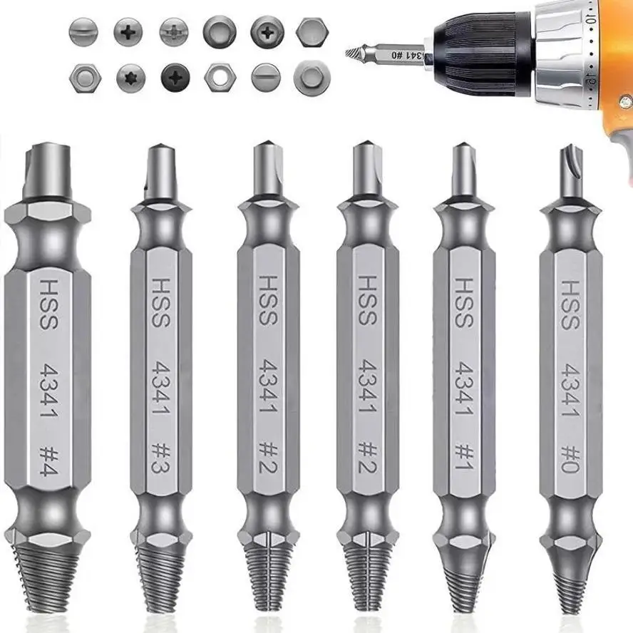 1Set 6 Pcs Damaged Screw Extractor Set Drill Bit Stripped Broken Remover Small Easily Quickly Take Out Kit Easy Demolition Tools