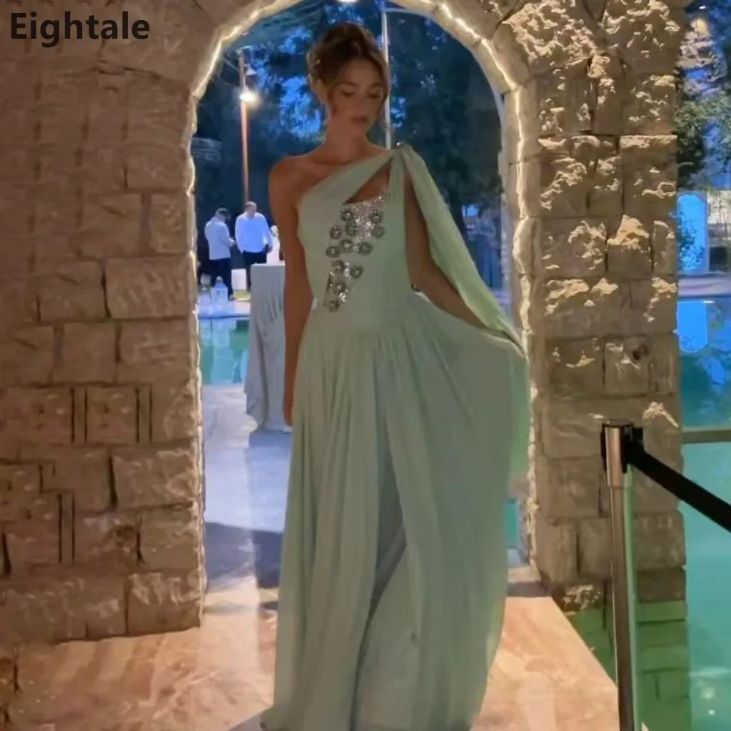 Eightale 2025 verde menta un hombro una línea de gasa Maxi vestido de noche Arabia Saudita vestido de fiesta Dubai vestido de fiesta personalizado