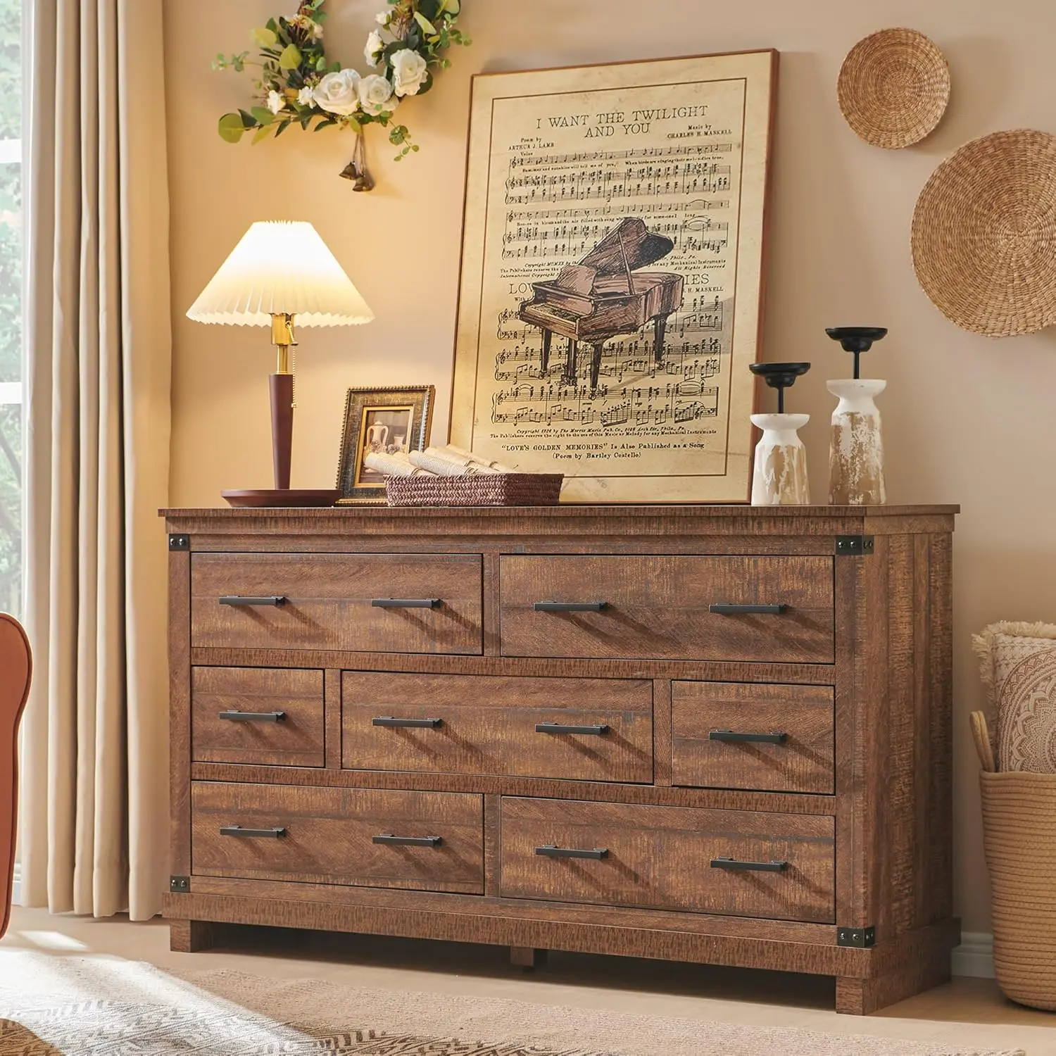 Farmhouse 7 Drawers Dresser for Bedroom, Large Chest of Drawers with Thick Plank Styling, Wood Closetfor Bedroom or Living Room