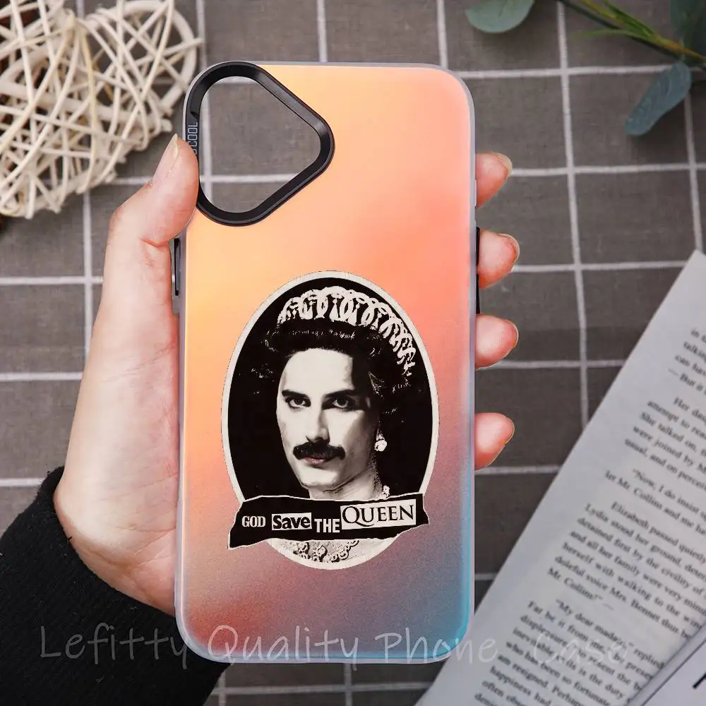 حافظة هاتف Q-Queen Band Rock لهاتف آيفون 16 15 14 13 12 11 Pro Max غير لامع أورورا متعدد الألوان ليزر معدني متدرج Funda #1