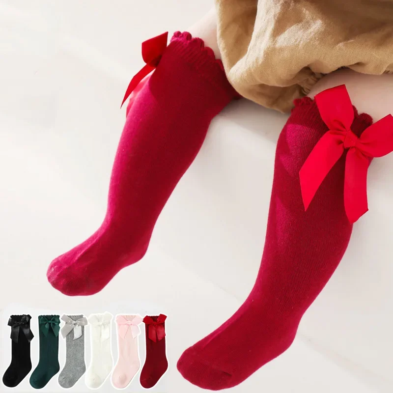 Cute Bowknot Baby Socks Spring Autumn Infant Boy Girl Knee High Socks Solid Color Soft Cotton Long Socks