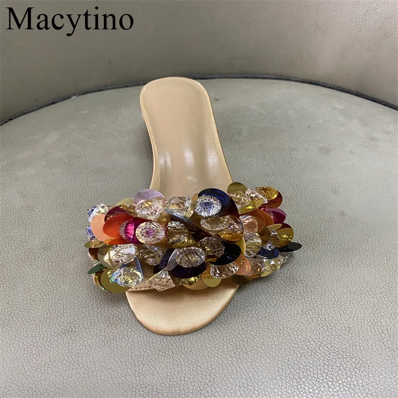 Flower Gem Rhinestone Decoration Ladies High Heel Green Slippers Low Heel Lady Shoes