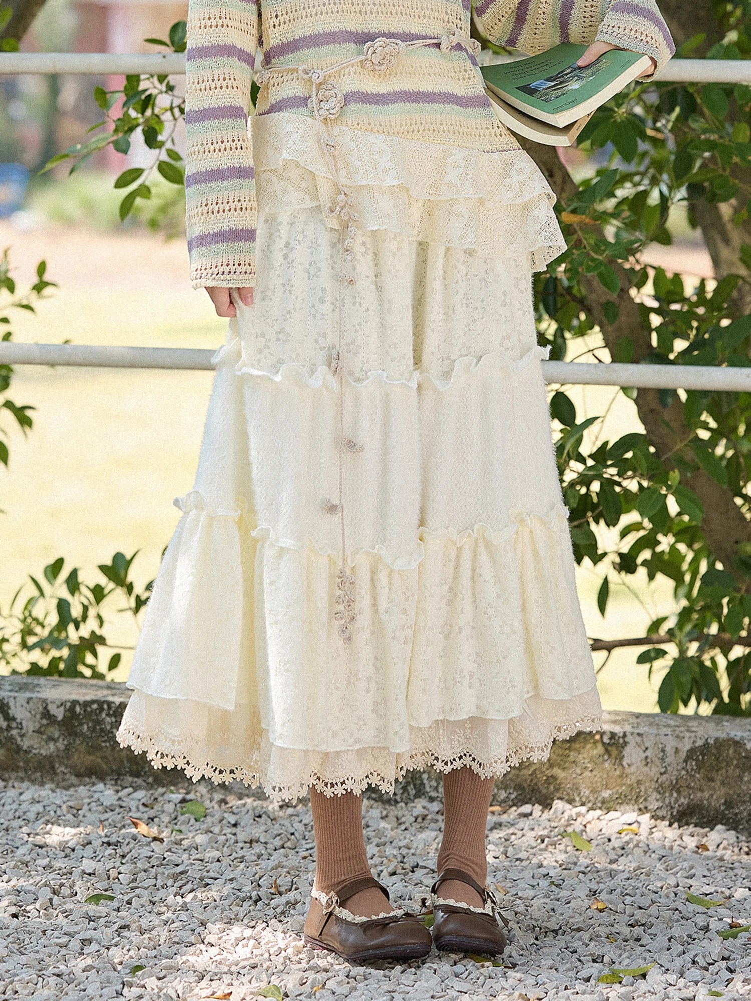 

Gentle Wind Apricot Lace f Skirt Tee Inch Lotus Blossom Str Ele Design Spring Must Have High Waist a Line Skirt