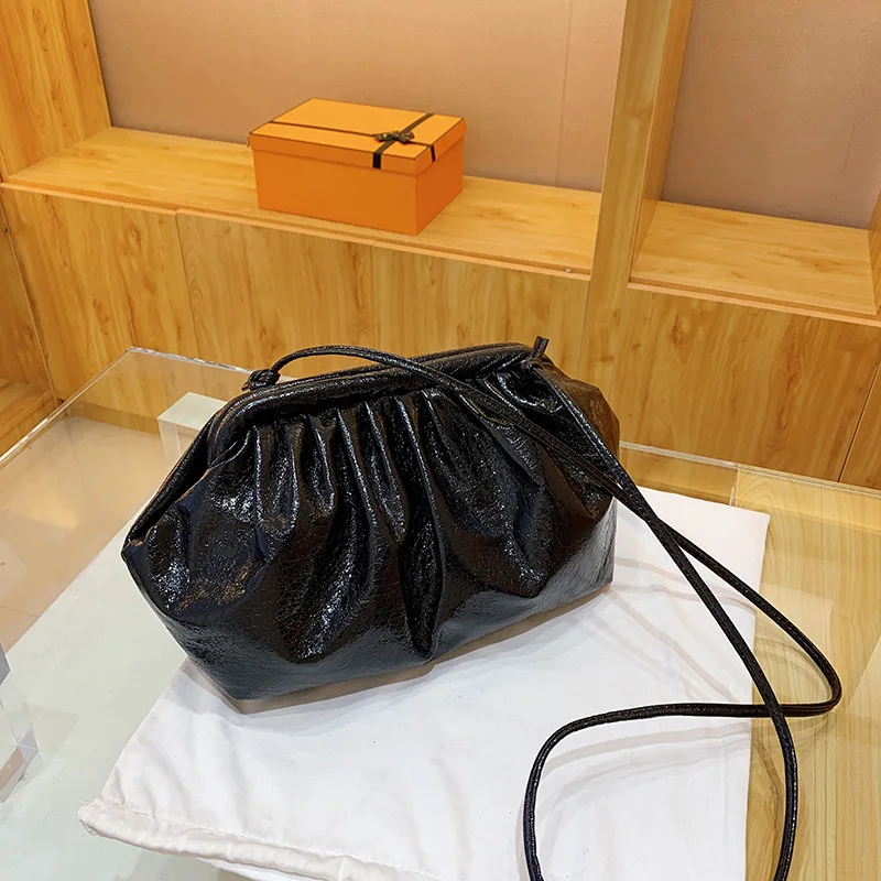 Women\'s Pleated Cloud Bag Ladies Party Clutch Purse Handbag Bright Face Leather Female Bags Travel Shoulder Crossbody Bag