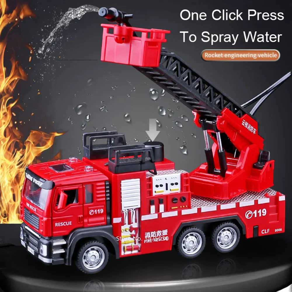 1/32 Fire Engine Car Toy Model with Sound Light Ladder Fire Truck Wheel Pull Back Sprinkler Rescue Vehicle Boys Decoration Gifts