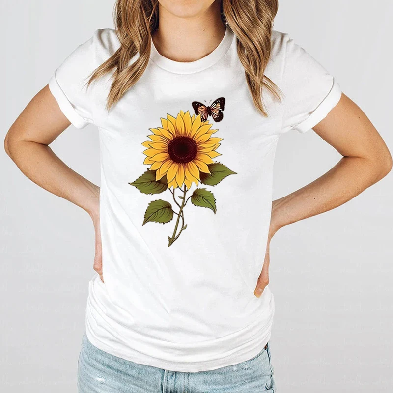 Sunflower Butterfly Print T-shrits For Women Summer Short Sleeves Round Neck Ladies T-shirt Creative Summer Cute Print Tee Shirt