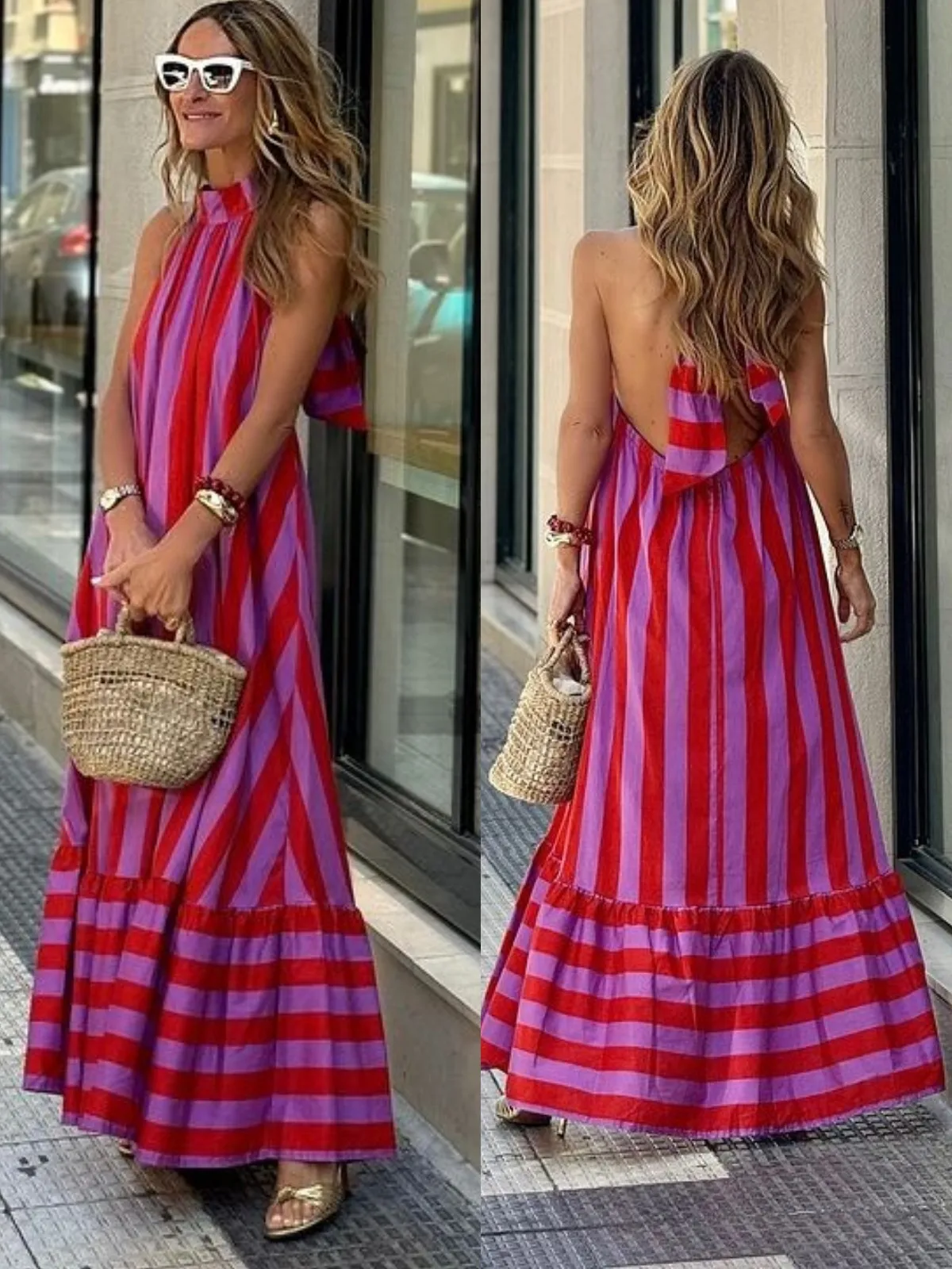 

SKMY 2025 New A-Line Dress Fashion Y2k Clothes Women Lace-Up Halter Neck Open Back Striped Printed Sleeveless Long Dresses