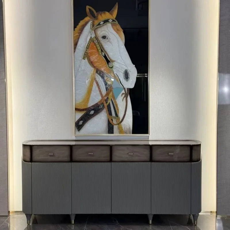 Italian large flat leather sofa light luxury villa living room