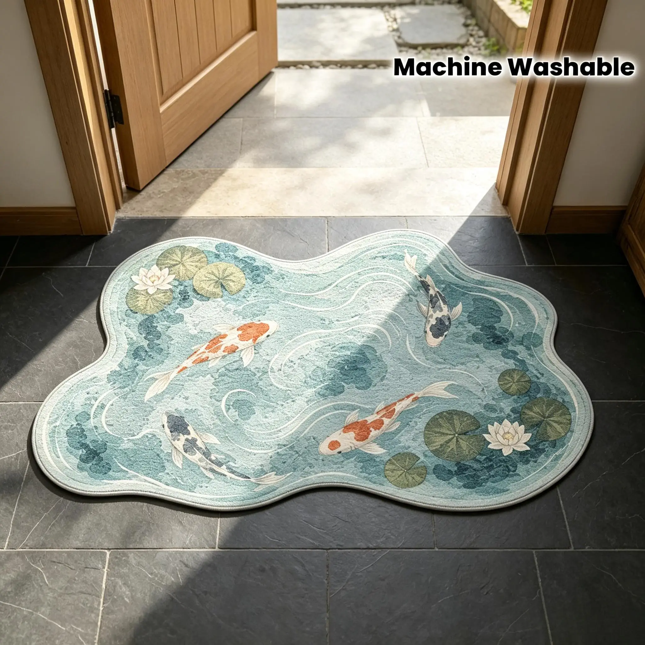 VIKAMA Koi Fish Lotus Pond Rug Artistic Watercolor Flannel Non Slip Soft Irregular Floor Mat Bedroom Bathroom Zen Decor