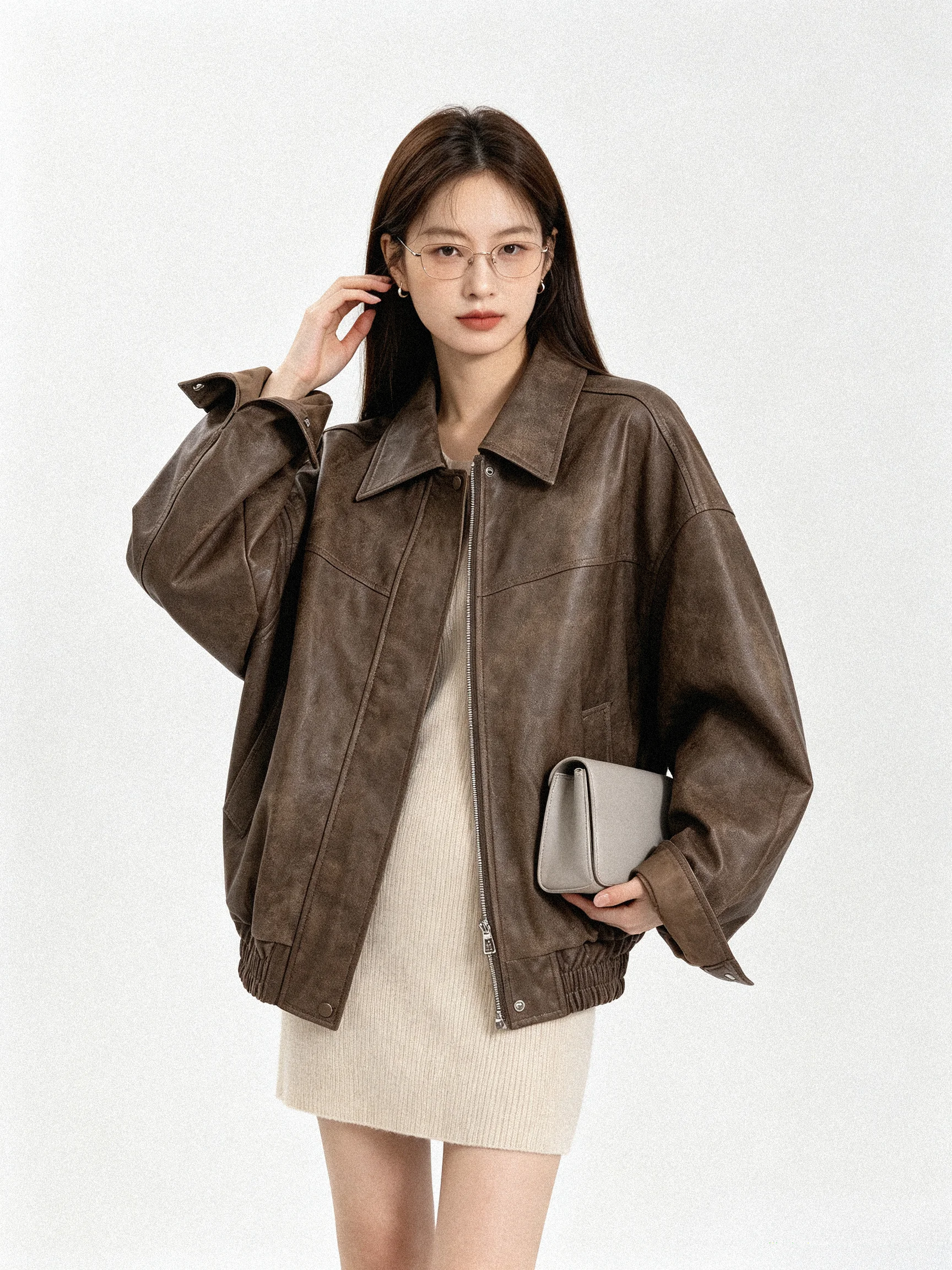 Fashionable Short Leather Jacket Women's Stylish Versatile Autumn High-End Feeling Slimming Vintage Leather Coat by Li Xing Meng