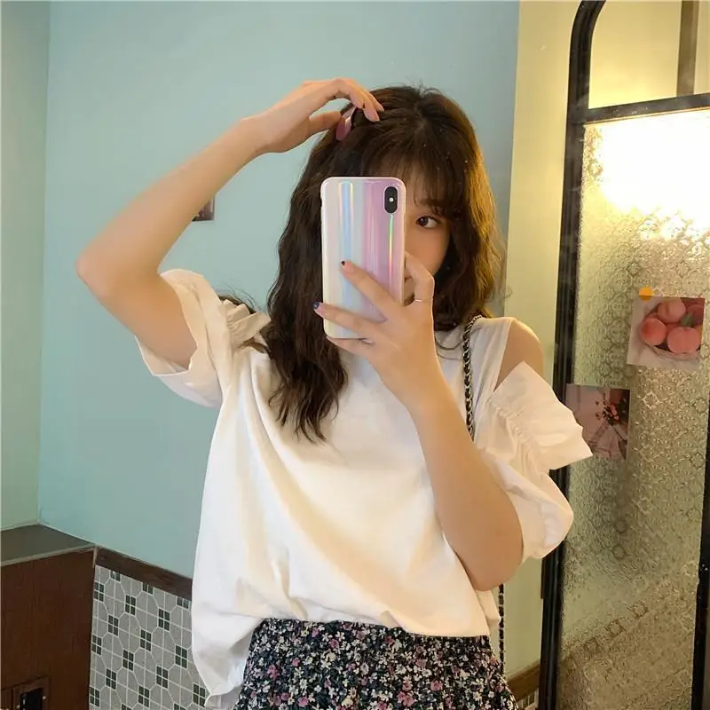 Summer New Hollow Out Off Shoulder Loose T Shirts Short Sleeve Solid All-match Trend Tops Tees Casual Fashion Women Clothing