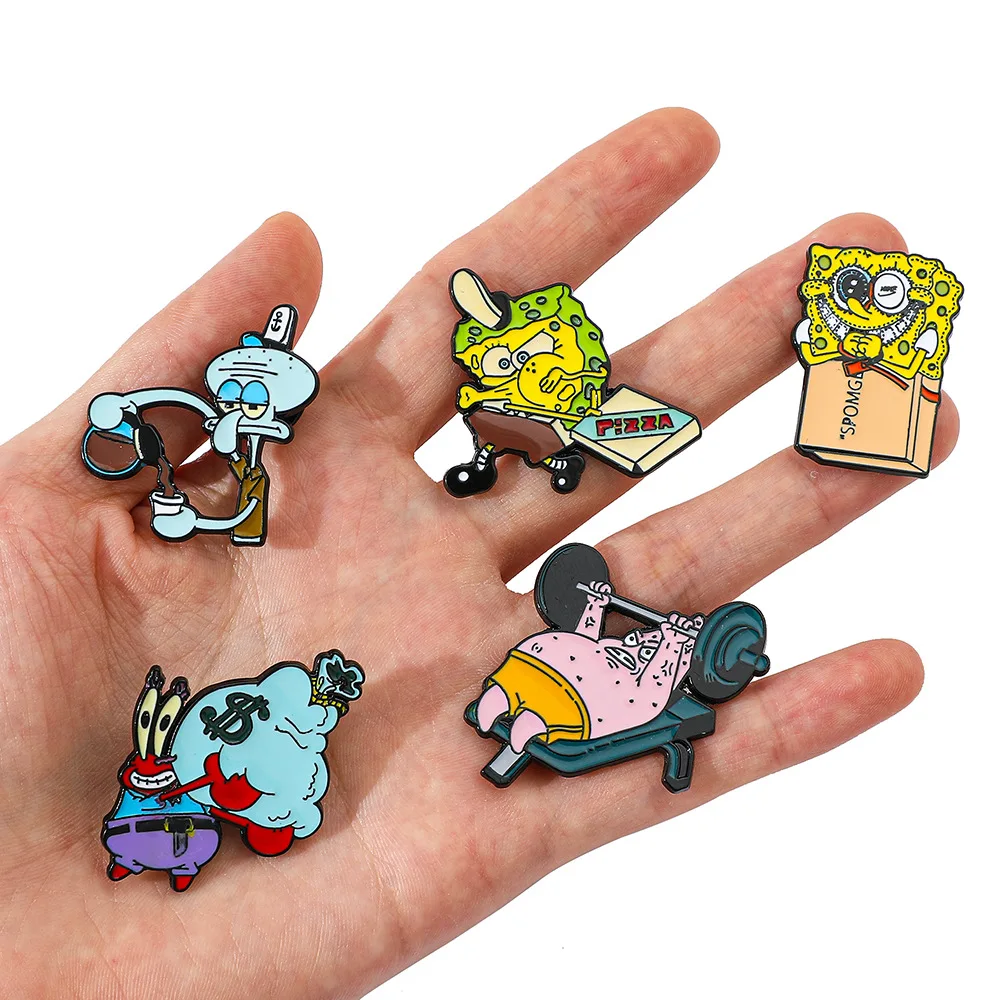 Bob Esponja Calça Quadrada Esmalte Pins para Mulheres, Tentáculos Lula Molusco, Emblemas, Desenhos Animados, Patrick Star, Anime, Jóias, Acessórios