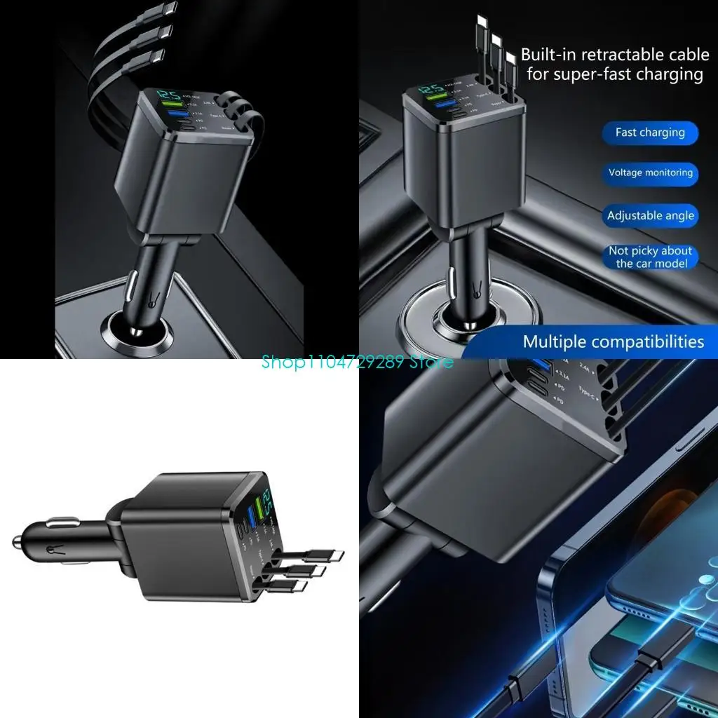 

D8KE Digital Display 3 Port Car Charges Retractable 27.5 Inch Cable Fast Charging 180 Head Small for Phone