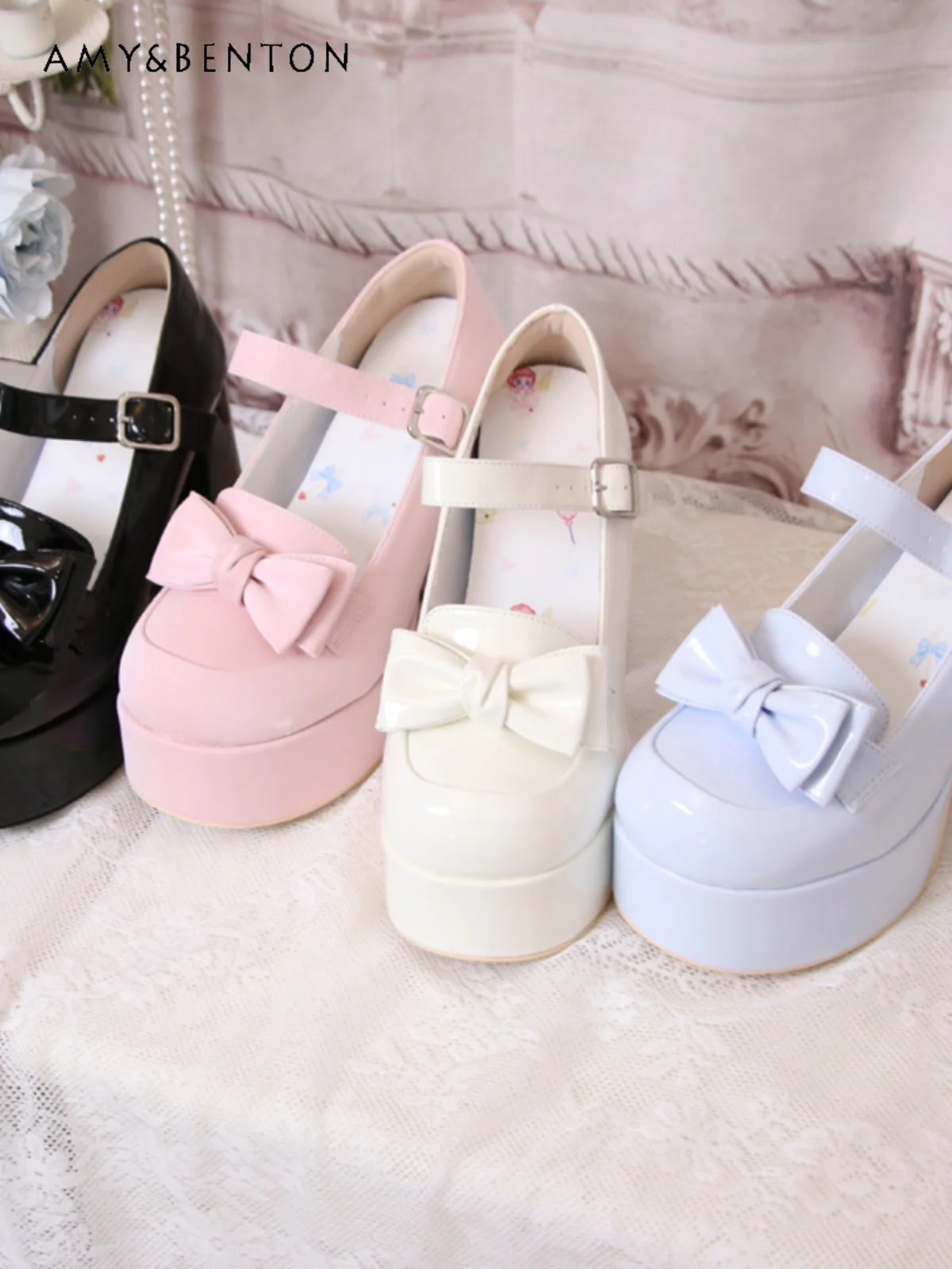 

Sweet Lolita High Heels Preppy Style Round Toe Bow Shallow Platform Heels Student Leather Shoes Kawaii All Match Mary Jane Shoes