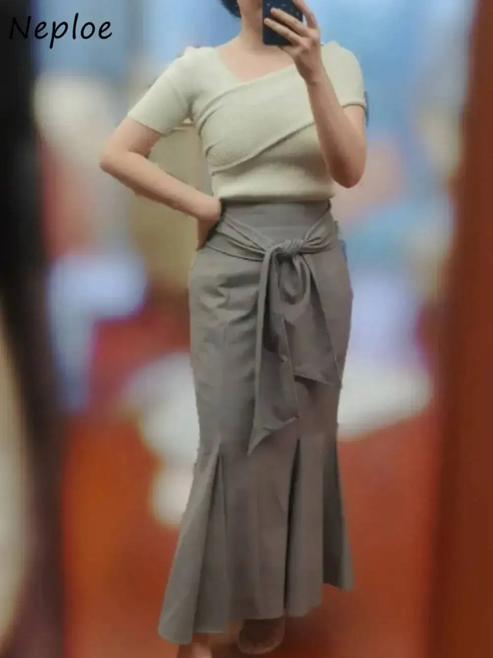 Syrena wysokiej talii solidna spódnica na co dzień średniej długości sznurowana na cały mecz Falda japońska marszczona obcisła Vintage Mujer Faldas