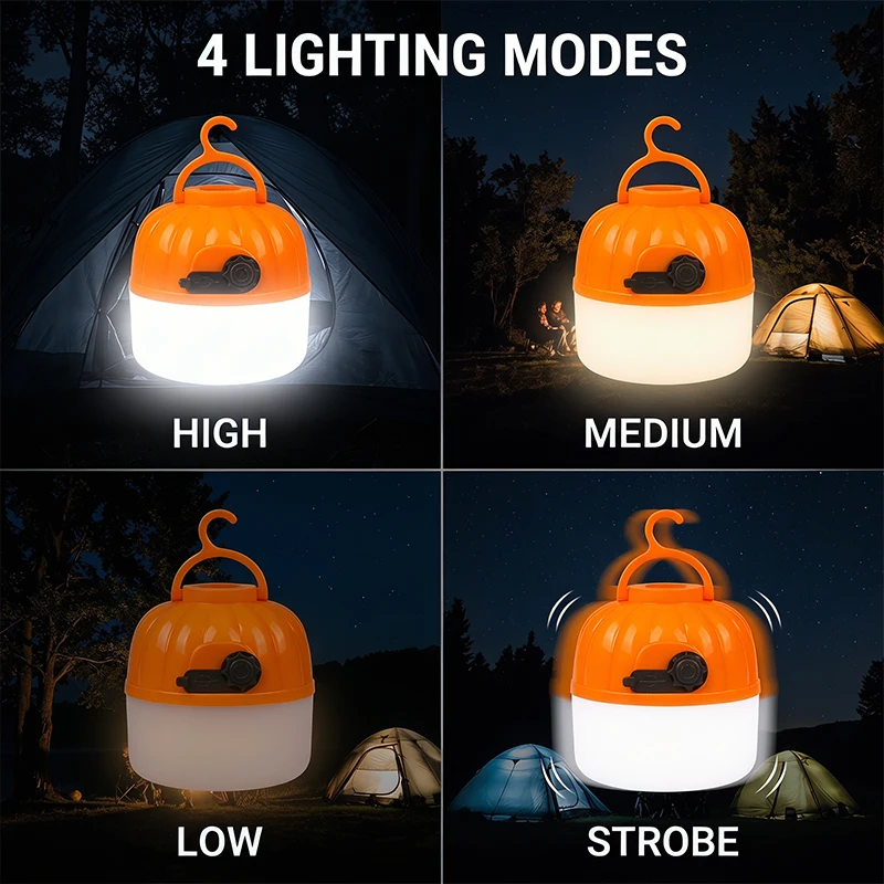 Mini Lâmpada LED Portátil em Formato de Abóbora 6500K Recarregável, Luz de Proteção Ocular, Fita de Luz com Gancho para Barraca, Lâmpada de Emergência