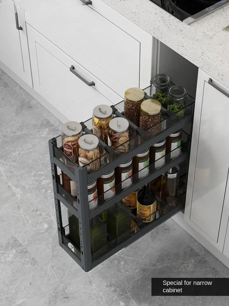 Kitchen Cabinet Seasoning Basket Aluminum Alloy Narrow Cabinet Slit Glass Door Drawer Type Small Seasoning Basket