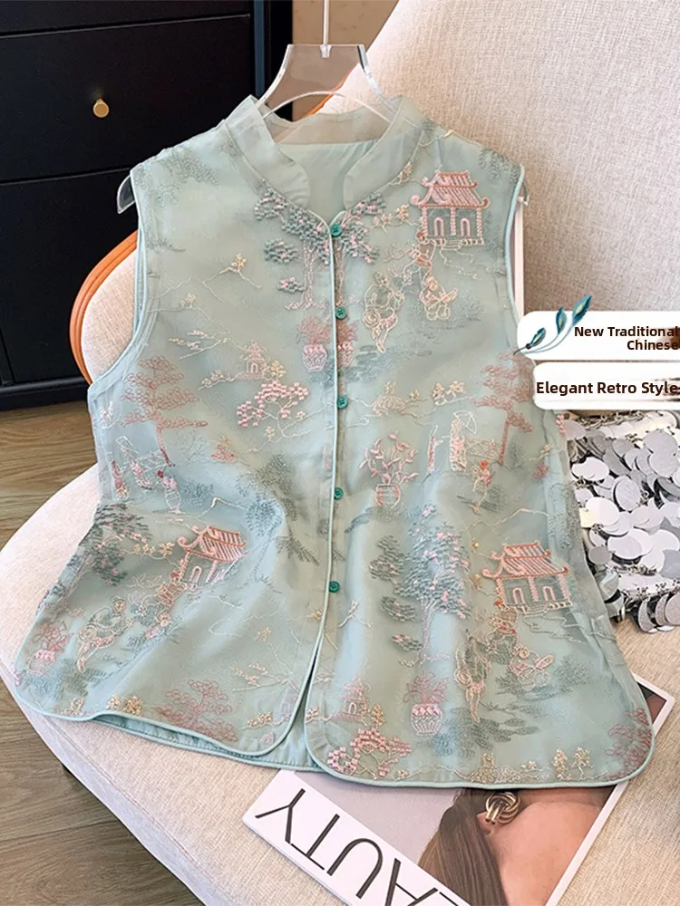 

Жилет с вышивкой в стиле ретро, женский весенне-осенний новый китайский жилет с подплечниками, топ, тяжелая работа