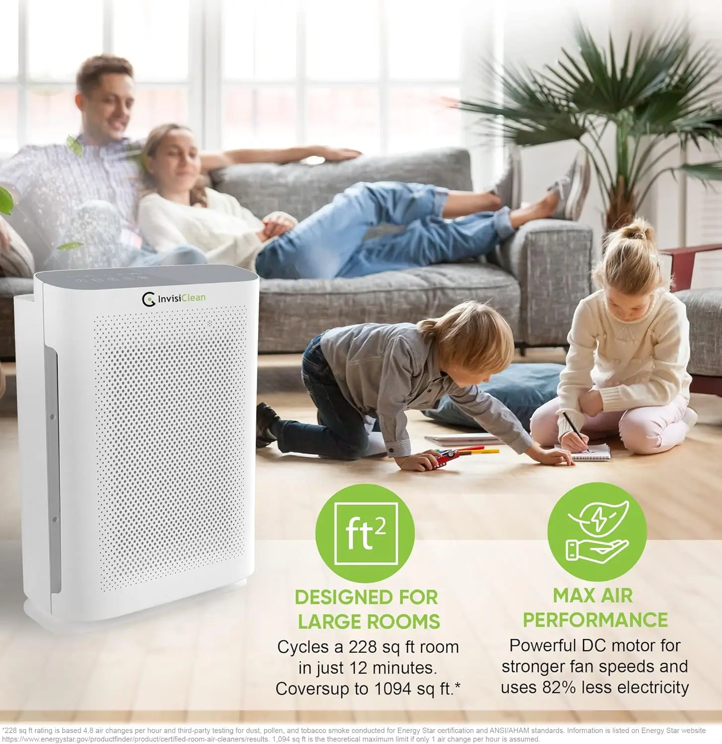 대형 방, 알레르기 및 애완동물용 4-in-1 HEPA 공기청정기, UV 라이트 포함 - 조용한 휴대용 청정기