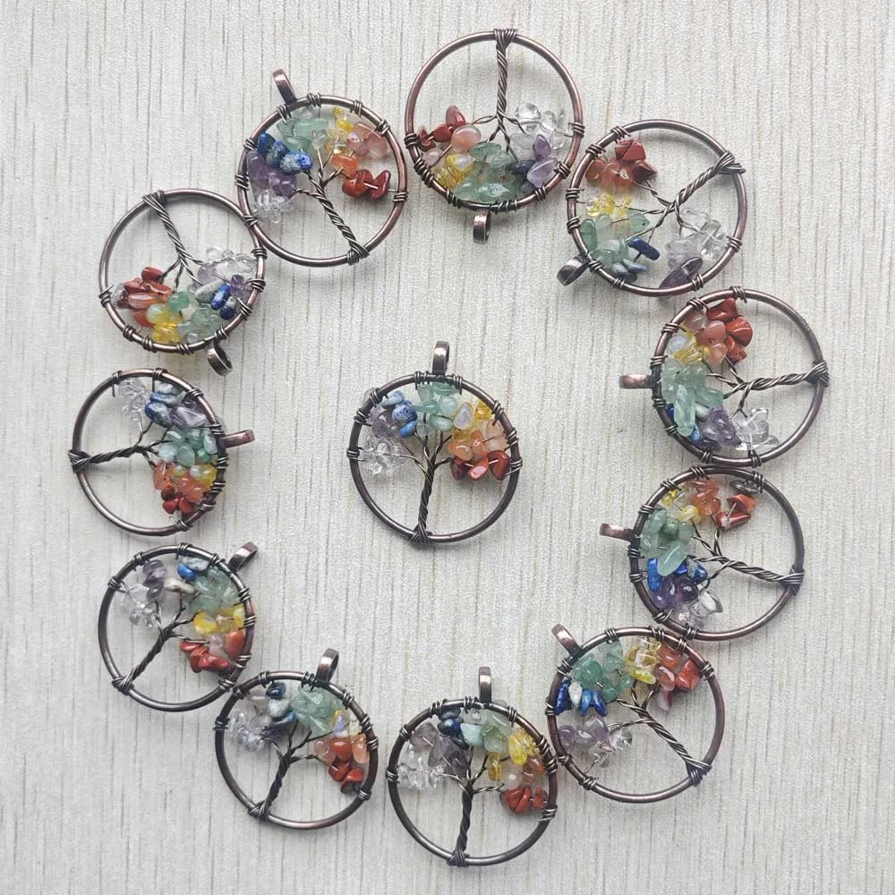 Natural stone 7 chakras Tree of life handmade antique copper wire wrapped pendants 30mm for jewelry marking Wholesale 12pcs/lot