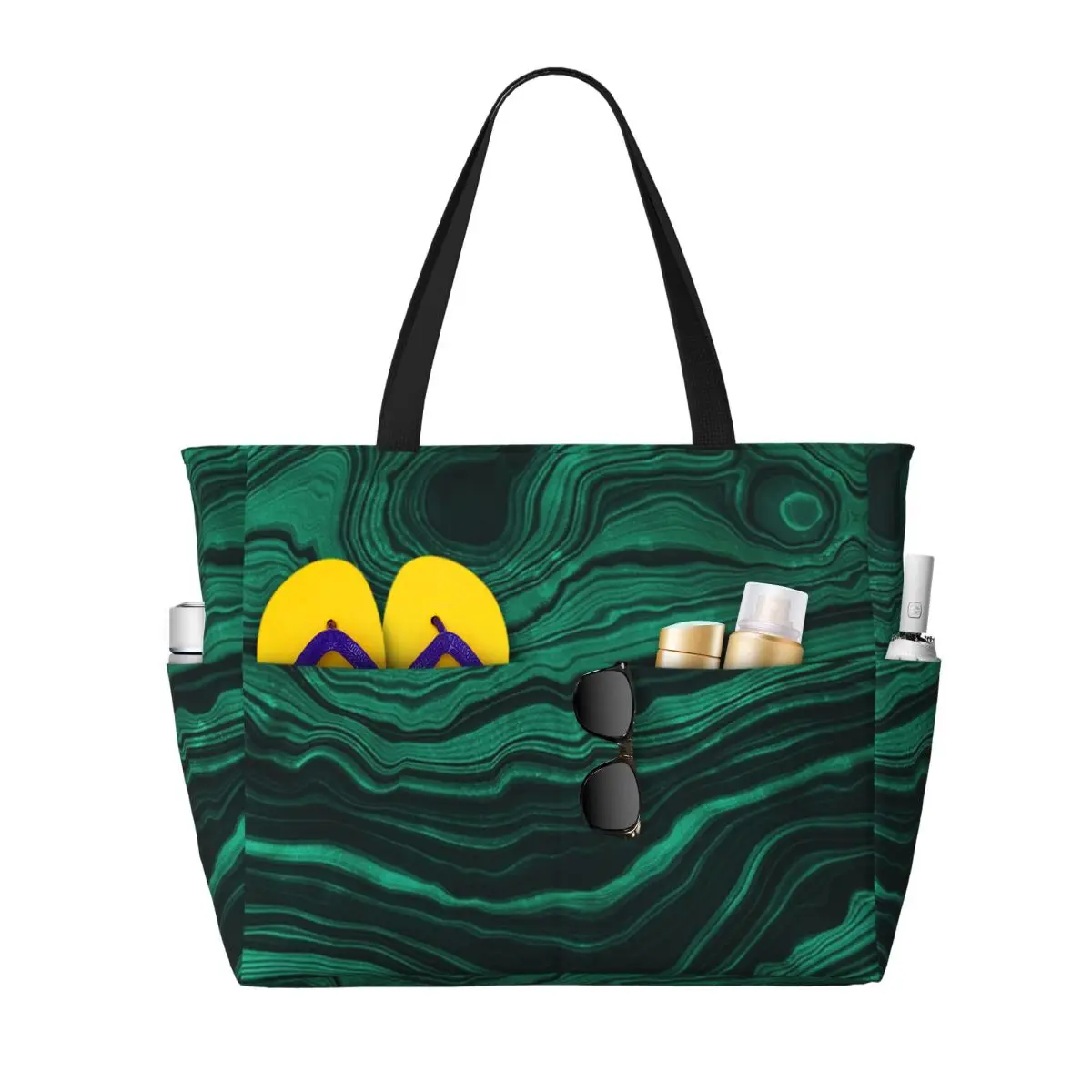 Faux Malachite Green Marble With Light Veins Beach Tote Bag Sport Gym Yoga Duffle Large Tote Bag Women Travel Bag Fitness bag