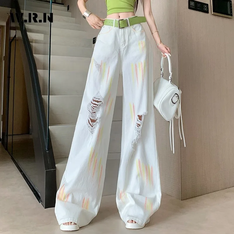 

Fashion Y2K Eclectic Damage Denim Trouser Street Retro Distressed Grunge 2000s Jeans Women's Vintage Ripped Casual Tie Dye Pants
