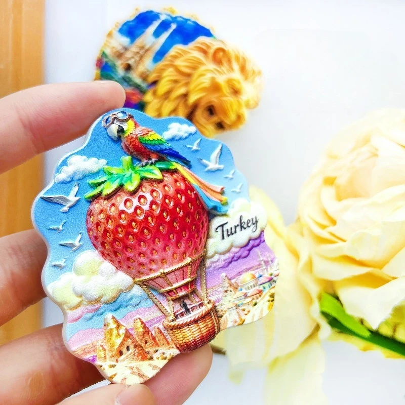 Turkey Hot Air Balloon Fridge Magnet - Whimsical 3D Strawberry Parrot Souvenir Unique Cappadocia Gift for Travel & Fantasy Decor