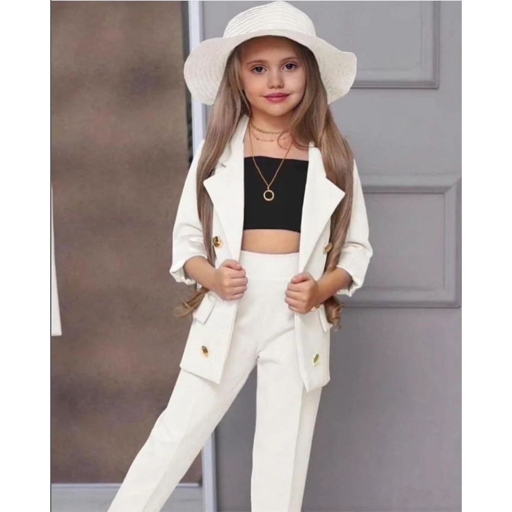 Elegant Solid Suit for Girls Fashion Notch Lapel Double Breasted Child Sets Casual Formal Party Wedding Girls Suit 2 Piece