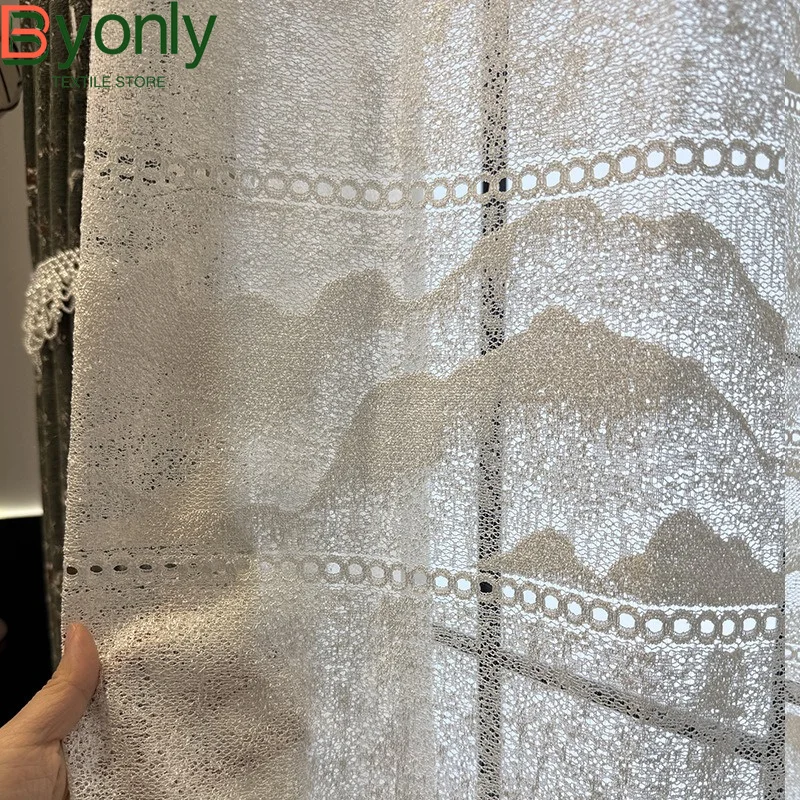 New Beige Heat Insulation Sunscreen Gauze Bedroom Living Room French Window New Chinese Landscape National Style Window Gauze