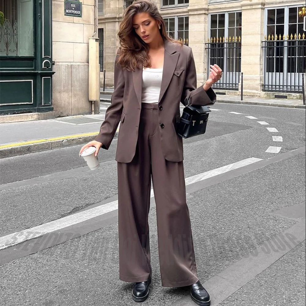 Casual Stylish Women Suit Jacket Pants Two Piece Set Straight Fit Single Breasted Peak Lapel Solid Color Classic Outfit Fashion