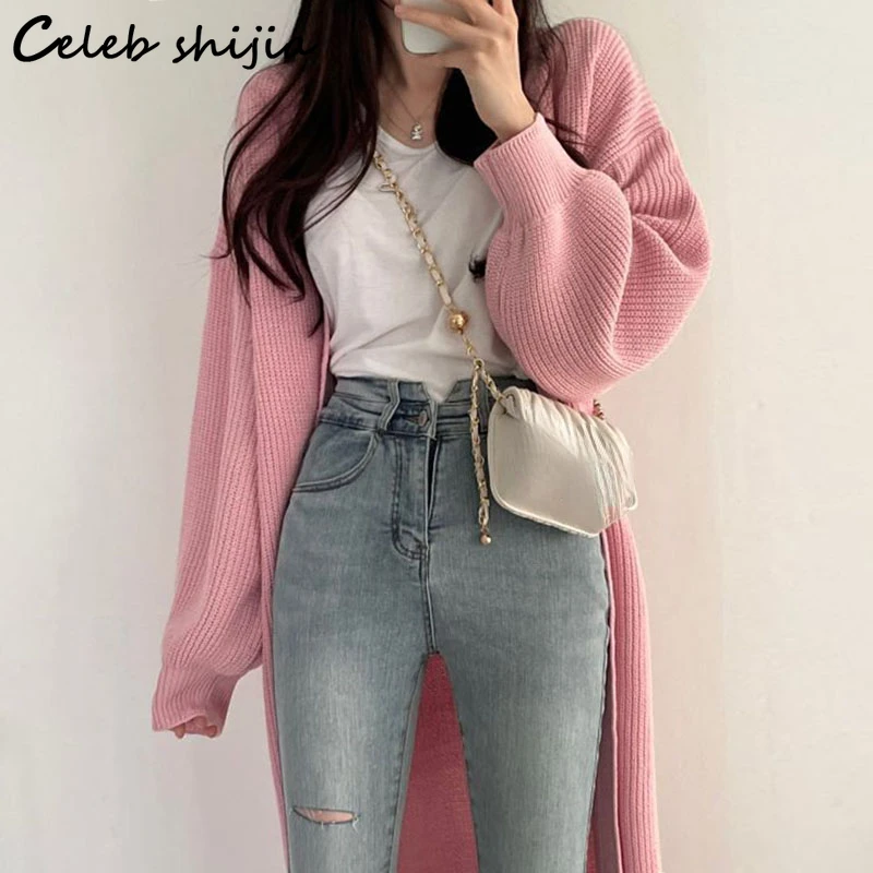 Winter Pink Long Knitted Cardigan Women 2023 Autumn Oversized Chic Sweater Coat Ladies Open Stitch Full-sleeve Knitwear Y2k