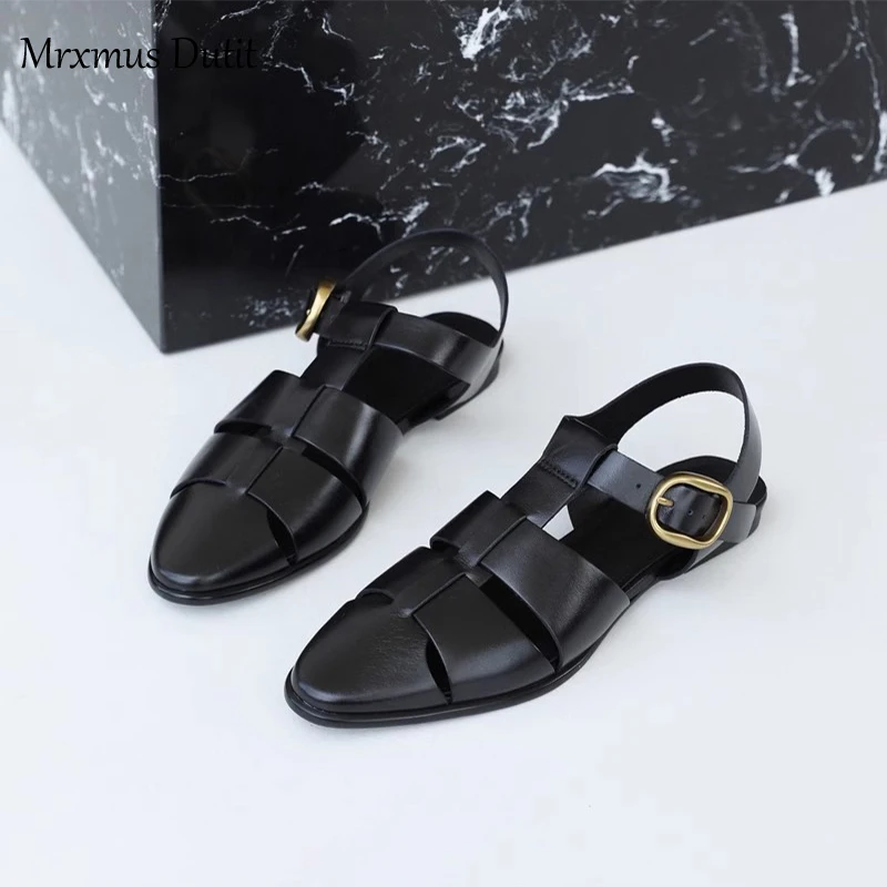 LEIMEICHEN 2023 Summer New Fashion Women New Vintage Pointed Head Hollow Flat Sandals Versatile Simple Roman Shoes Female Chic