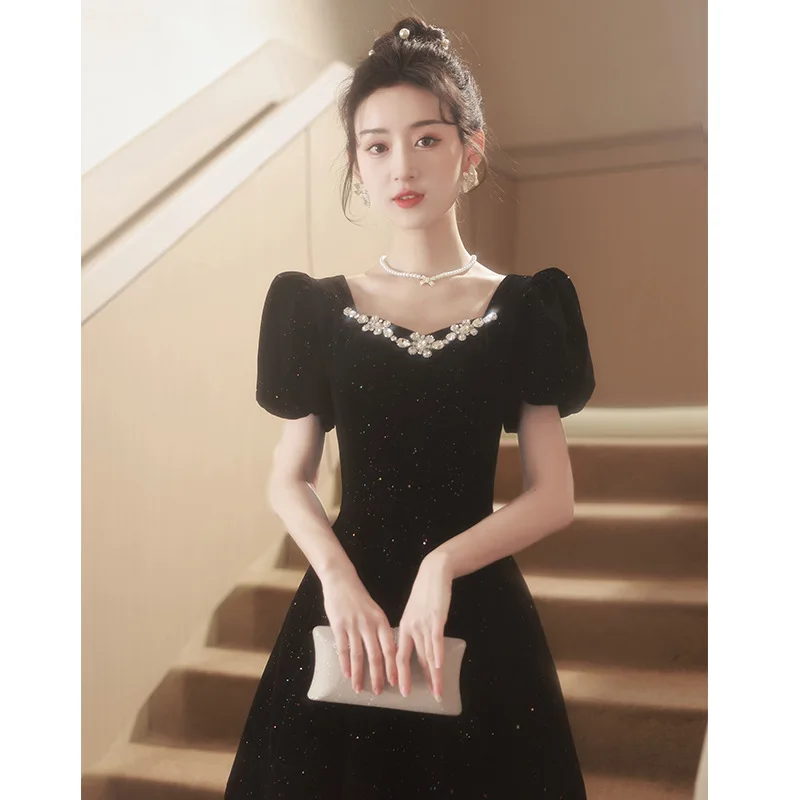 Black velvet evening dress diamond neckline A-line adult dress dress birthday party wedding dresses