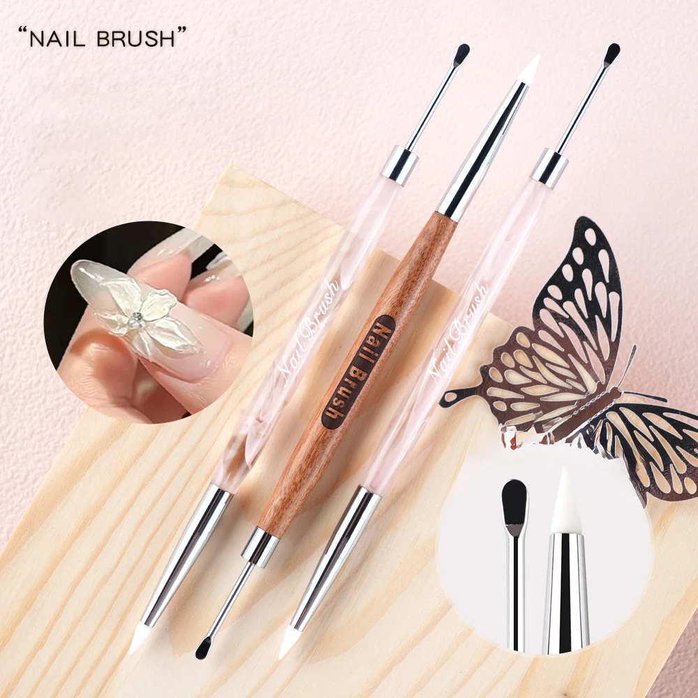Silicone Nail Art Carving Pen Double Head 3D Flower Painting Wood Handle Gel Polish Modeling Painting Design Extension Brush