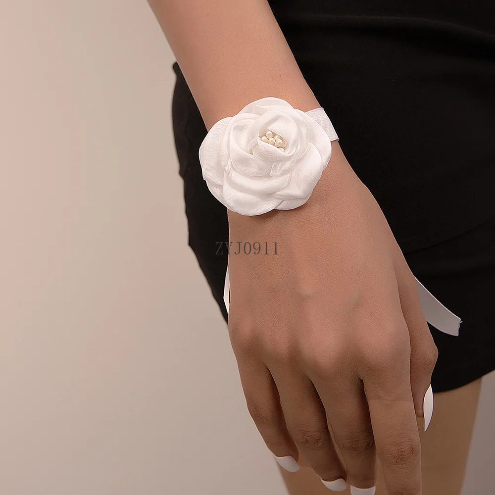 * وصيفة الشرف الزهور سوار الزفاف المعصم شريط من القماش اللؤلؤ القوس Bridel المعصم الزهور اليد الزهور حفلة موسيقية لوازم ديكور