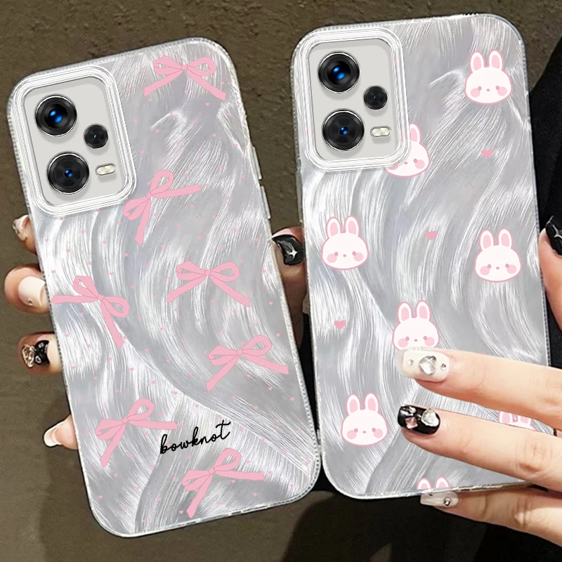 

Rabbit Bow Pink Cute For Xiaomi Redmi Note 13 12 11 11S 10 10S 9 9S 8 Pro Plus Max 5G Feather Yarn Back Phone Case