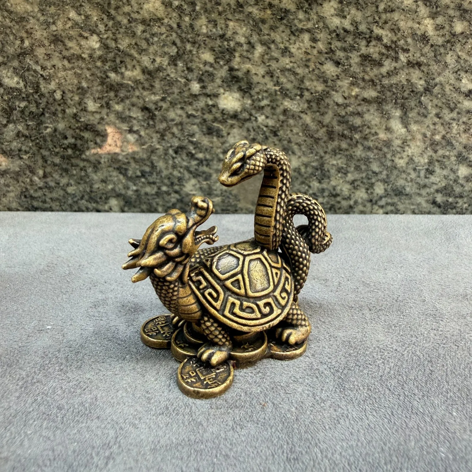 Solid Brass Black Tortoise Snake Xuanwu Statue Wealth Coin Mini Desk Ornament