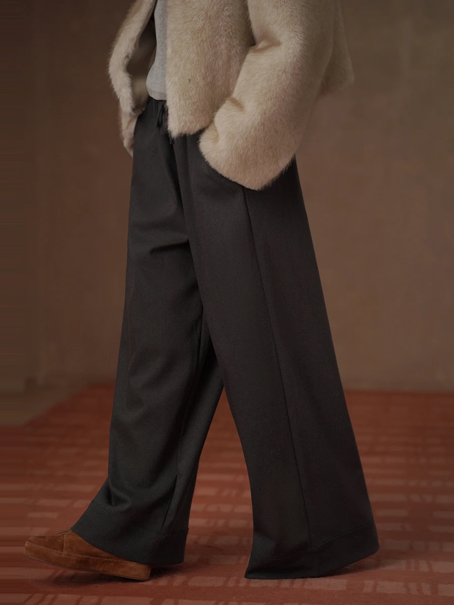 Hacikis Miss Haishi Winter Commute High Density Fleece Loose Slimming Elastic Waist Suit Pants Casual Loose Fit Trousers