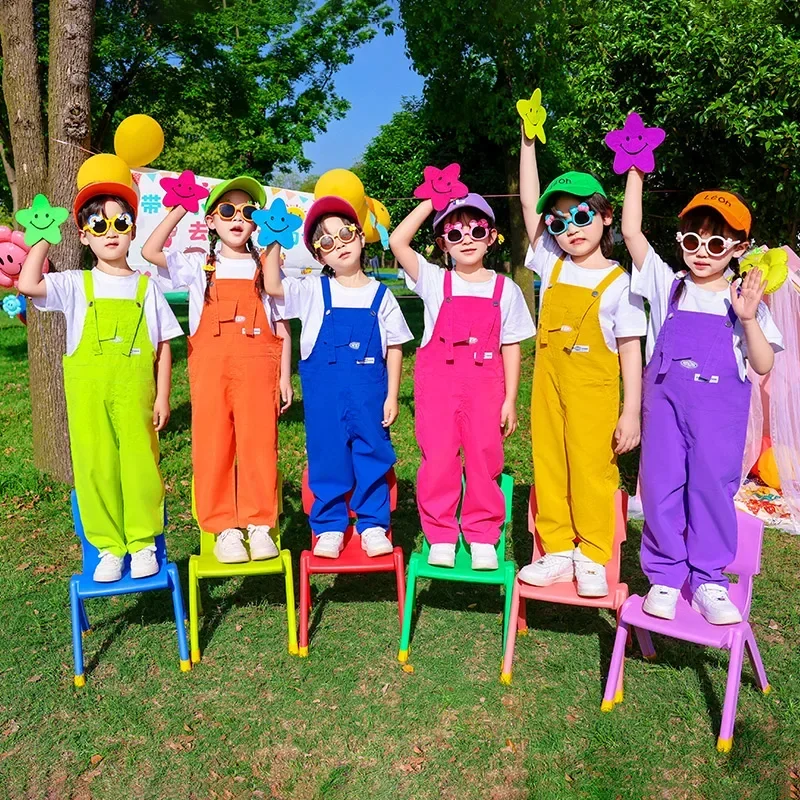 

Boys Hip Hop Loose Colorful Overalls Girls Patchwork Dungaree Children Candy Color Jumpsuit Street Dance Romper Kids Streetwear