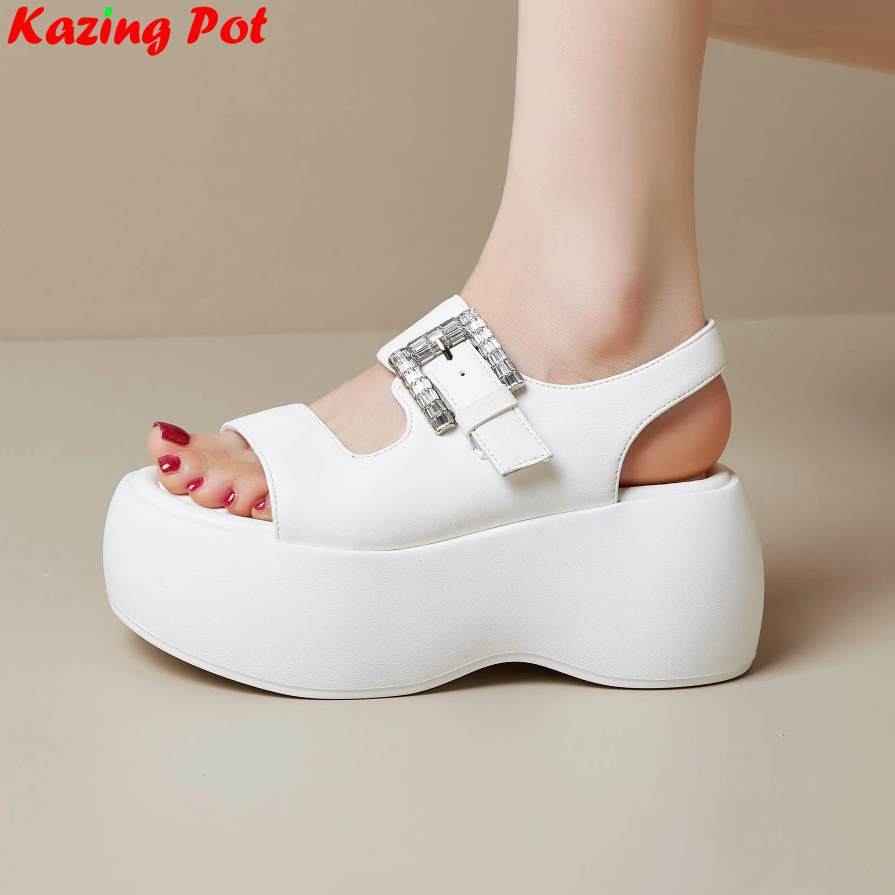 

Krazing Pot Sheepskin Peep Toe High Heels Elegant Summer Shoes Chic Buckle Strap Platform Dating Concise Modern Women Sandals